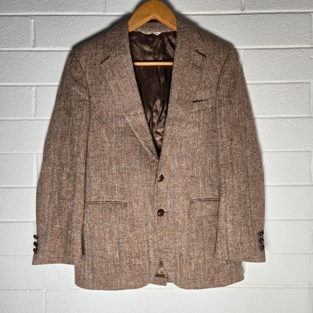 Vtg Saks Tweed Blazer Mens 40 Brown Herringbone Wool Sport‎ Coat Academia Preppy